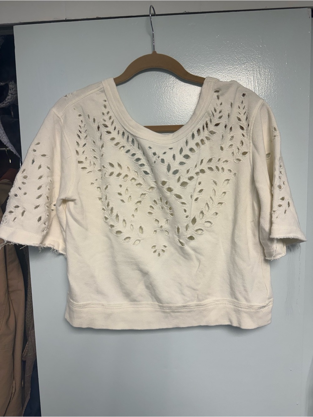 Free People Cream Eyelet Short Sleeve Crop Top